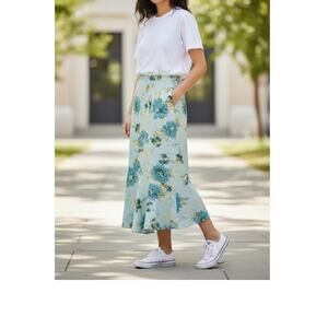 Emma James Claiborne Blue Green Floral Linen Blend Flare Vintage Maxi Skirt 12 M